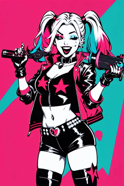 <lora:Harley:0.6> Harley Quinn, 1girl, solo, long hair, breasts, smile, open mouth, skirt, thighhighs, gloves, navel, holding, twintails, jewelry, blue hair, jacket, weapon, pink hair, heart, multicolored hair, one eye closed, shorts, midriff, belt, miniskirt, fingerless gloves, nail polish, crop top, gun, short shorts, makeup, piercing, lipstick, pale skin, red jacket, handgun, eyeshadow, revolver, heart tattoo, studded belt, shiny skin, specular highlights,