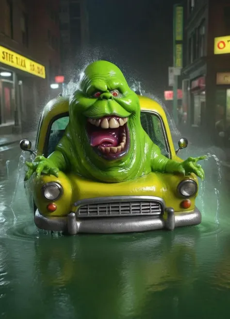 <lora:Slimer1024:0.7> Slimer1024, a ghost in the driving seat of a taxi, driving a taxi, wet and slimy, highly detailed, cinematic,