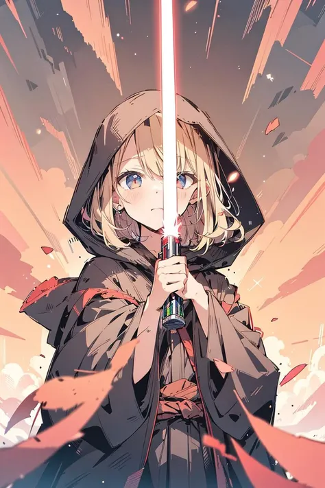 absurdres, highres, ultra detailed, black robe, black hood, BREAK, <lora:light_saber_v2:0.80> light_saber, holding weapon