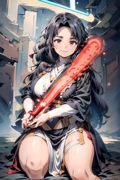 (masterpiece:1.4), high quality, high definition, sharp focus, detailed clothes, detailed body, detailed fingers, anime, best quality, 4k, 8k, absurd resolution, intricate detail, detailed hands, detailed face, animation, illustration, highly detailed, highres, extremely detailed, <lora:hyperdenoiser_v090:0.6>, <lora:hyperrefiner_v090:0.6>, <lora:add_detail:0.3>, seductive smile, (breasts), (parted bangs:1.6), skindentation, <lora:ETO_OC:0.2> ETO-OC, <lora:ETO_OCC006:0.7>, ETO_OCC, (curly hair:1.3), (long hair:1.1), (black hair:1.3), thick eyebrows, pale skin, curvy, (plump), fat, 1girl, (hazel eyes), smiling, looking at viewer, mature female, OverallDetail, Best_QualityPos, nice hands, <lora:perfetfingers:0.6> perfect fingers, BREAK <lora:CONCEPT-JediOutfit:0.5>, JediOutfit, robe, belt, boots, <lora:light_saber_v2:0.5>, (light_saber:1.3),(lightsaber glowing:1.5), (holding lightsaber with right hand), (pointing with index finger of left hand), (Dark Pink lightsaber), star wars, science fiction,