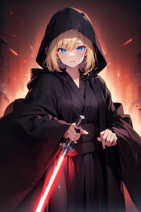 absurdres, highres, ultra detailed, ((1girl)), blonde hair, blue eyes, black_robe,black hood, <lora:light_saber_v1:0.75>   light_saber, holding sword,