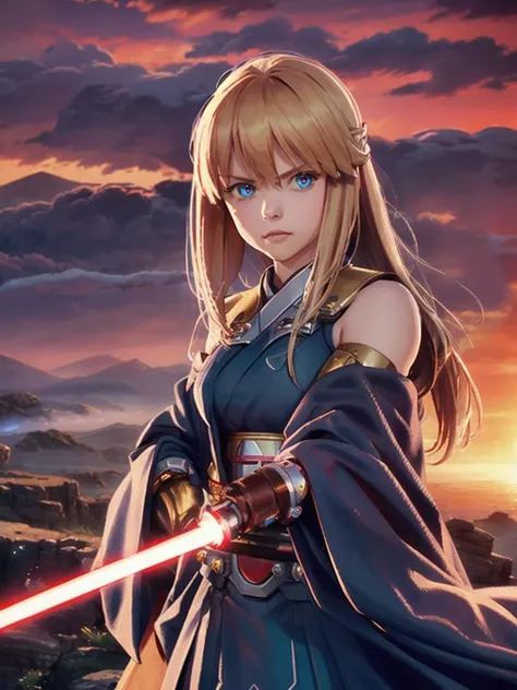 Portrait of a girl,1girl, artoria pendragon (fate), professional photograph of a stunning woman, detailed,bangs, blonde hair, cloud, prosthetic hand, fog, japanese clothes, holding light saber in hand, long hair, looking at viewer, outdoors, science fiction, solo, superhero, sword, water, weapon, white background, zero (mega man), sharp focus, dramatic, award winning, cinematic lighting, volumetrics dtx, (film grain, blurry background, blurry foreground, bokeh, depth of field, sunset,interaction,), (masterpiece), (extremely intricate:1.3), (realistic), <lora:light_saber_v2:1>