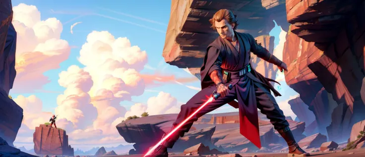 wide shot of a jedi in fighting stance on tattoine at dawn holding a blue lightsaber, holding lightsaber, <lyco:light_saber_v2:0.7>, <lyco:sw-15:0.2>