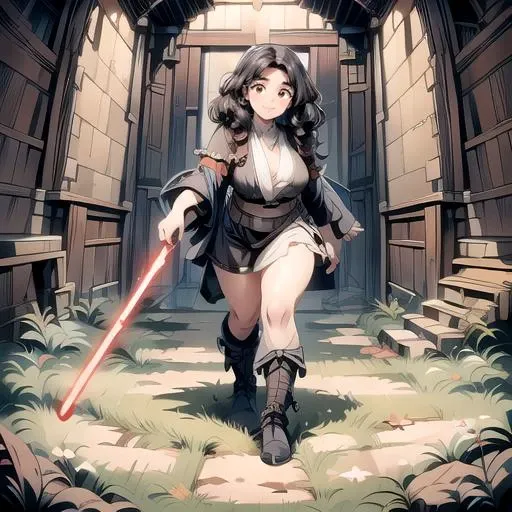 (masterpiece:1.4), high quality, high definition, sharp focus, detailed clothes, detailed body, detailed fingers, anime, best quality, 4k, 8k, absurd resolution, intricate detail, detailed hands, detailed face, animation, illustration, highly detailed, highres, extremely detailed, <lora:hyperdenoiser_v090:0.6>, <lora:hyperrefiner_v090:0.6>, <lora:add_detail:0.3>, seductive smile, (breasts), (parted bangs:1.6), skindentation, <lora:ETO_OC:0.2> ETO-OC, <lora:ETO_OCC006:0.7>, ETO_OCC, (curly hair:1.3), (long hair:1.1), (black hair:1.3), thick eyebrows, pale skin, curvy, (plump), fat, 1girl, (hazel eyes), smiling, looking at viewer, mature female, OverallDetail, Best_QualityPos, nice hands, <lora:perfetfingers:0.6> perfect fingers, BREAK <lora:CONCEPT-JediOutfit:0.5>, JediOutfit, robe, belt, boots, <lora:light_saber_v2:0.5>, (light_saber:1.3),(lightsaber glowing:1.5), (holding lightsaber with right hand), (pointing with index finger of left hand), (Grass Green lightsaber), star wars, science fiction,