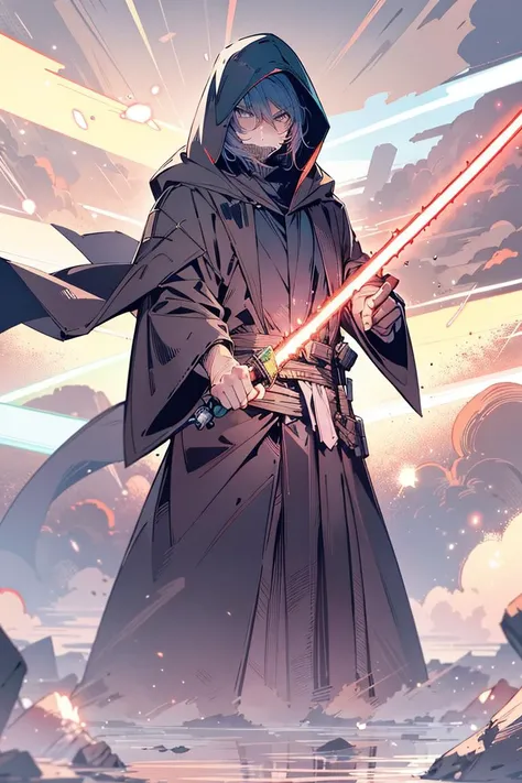 absurdres, highres, ultra detailed, black robe, black hood, BREAK, <lora:light_saber_v2:0.90> light_saber, holding weapon, dynamic pose