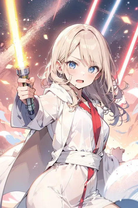 absurdres, highres, ultra detailed, 1girl, white robe, small breasts, BREAK, <lora:light_saber_v2:0.90> light_saber, holding weapon,dynamic pose,