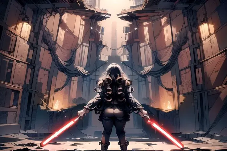 (masterpiece:1.4), high quality, high definition, sharp focus, detailed clothes, detailed body, detailed fingers, anime, best quality, 4k, 8k, absurd resolution, intricate detail, detailed hands, animation, illustration, highly detailed, highres, extremely detailed, <lora:hyperdenoiser_v090:0.6>, <lora:hyperrefiner_v090:0.6>, <lora:add_detail:0.3>, skindentation, <lora:ETO_OC:0.2> ETO-OC, <lora:ETO_OCC006:0.7>, ETO_OCC, (curly hair:1.3), (long hair:1.1), (black hair), pale skin, curvy, (plump), fat, 1girl, mature female, OverallDetail, nice hands, <lora:perfetfingers:0.6> perfect fingers, BREAK <lora:CONCEPT-JediOutfit:0.5>, JediOutfit, robe, belt, boots, <lora:light_saber_v2:0.5>, (light_saber:1.3),(lightsaber glowing:1.5), (holding lightsaber with right), (Highlighter Pink lightsaber), star wars, science fiction, (from back:1.6), nape,