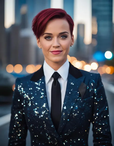 cinematic photo face closeup portrait of fit ((ohwx woman)) woman a businessman on a new york skyscraper roof (at night:1.1) wearing a fashion Armani suit, depth of field, zeiss lens, 105mm F2.0, fashion shooting, fashion clean cut,Sony a7R, cinematic lighting, city lights, in style of Everett Raymond Kinstler <lora:perry_lora_sdxl_v1-000008:1> . 35mm photograph, film, bokeh, professional, 4k, highly detailed