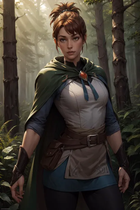 (masterpiece, best quality, 4k, detailed, intricate, realistic),outside,forest,dappled sunlight,1girl,marci, ponytail,jacket, brooch, cape, vambraces, leggings, belt <lora:dota2_marci:0.8>