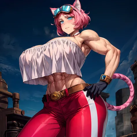 1girl, tiger girl, pink tiger ears, pink tiger tail, pink hair, tiger marks on face, abs, muscles, gigantic breasts, steampunk, goggles on head, sweat, soot, oil stains, clean hair, blue eyes, light red tube top, (blue pants, brown boots),
<lora:more_details:.25>, <lora:add_detail:.5>, <lora:test006_1:-1>,