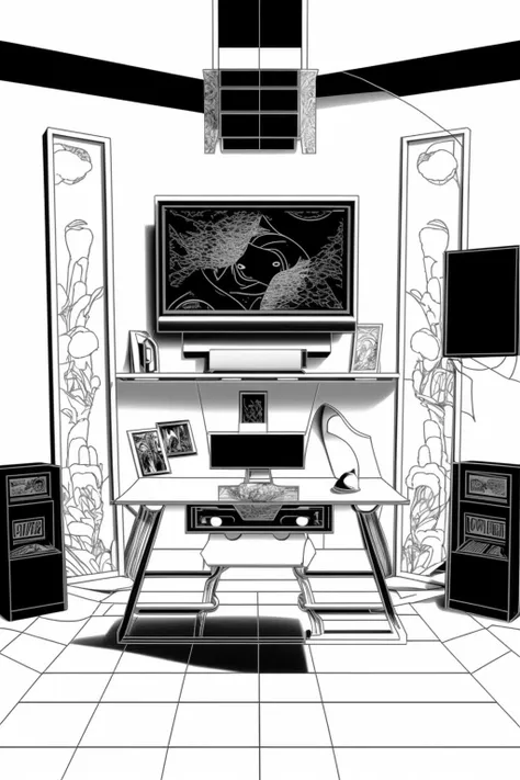 a bcka and white drawing of a a room with a television and a desk with a keyboard