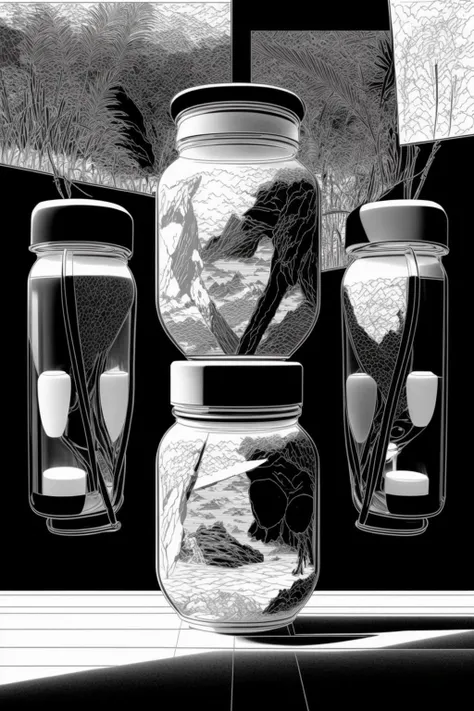 a bcka and white drawing of a a room with three jars of liquid and a light