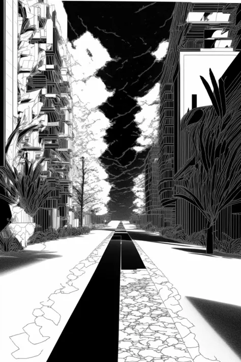 a black and white drawing of a road