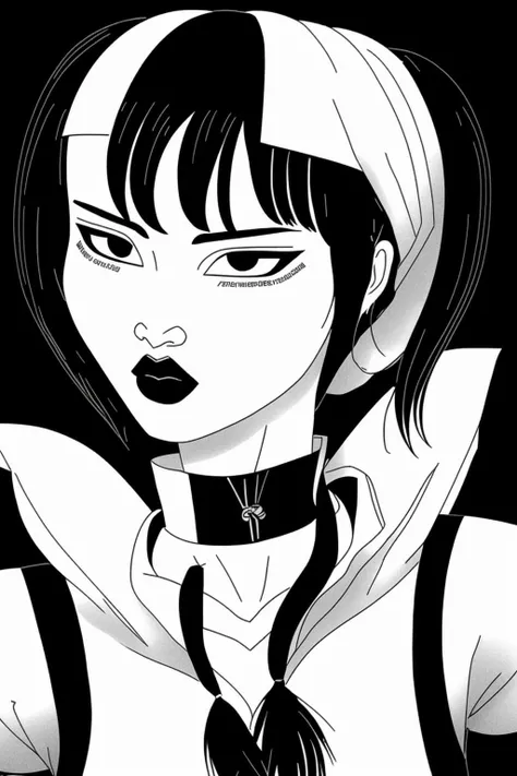 a woman with a black hair and a white face