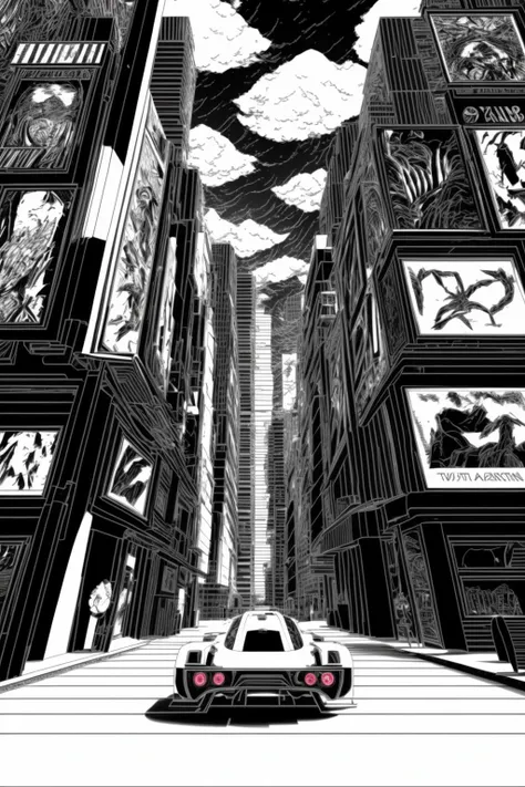 a bcka and white drawing of a a car in a neon city at night