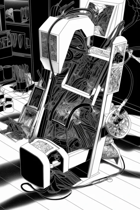 a black and white drawing of a machine