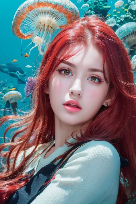 (masterpiece, top quality, best quality, official art, beautiful and aesthetic:1.2), (1girl), (perfect face:1.3), ((red long hair)), extreme detailed eyes, colorful, highest detailed, (mermaid), (detailed fish), (glowing jellyfish, shining jellyfish:1.2), (bubbles:1.2), seaweed, (under the sea), water streaks, vibrant colors, high contrast
  <lyco:somi_v2020:1>,