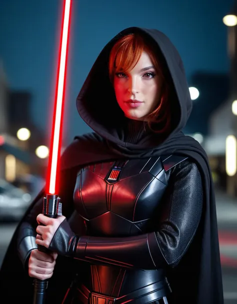 <lora:mssbrsl-000008:1>,portrait photo of mssbrsl, as a Sith Lord, Black uniform and cloak, red lightsaber, at a premiere gala, dark moody ambience (masterpiece:1.2) (photorealistic:1.2) (bokeh) (best quality) (detailed skin:1.2) (intricate details) (nighttime) (8k) (HDR) (cinematic lighting) (sharp focus), looking at the camera