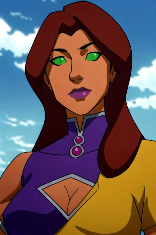 ((masterpiece:1.2, best quality:1.2, best details:1.2, 4k)), 1girl, starfire, red hair, long hair, solo, green eyes, lipstick, purple lips, perfect body, perfect boobs, fit body, (highly detailed skin:1.2), meadow, sun, sun ray, vibrant colors, hdr, selfie, wet, heat, <lora:StarfireMix:0.7>