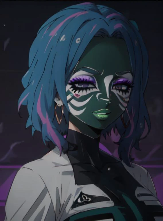 Score_9, score_8_up, score_7_up, score_6_up, source_anime, torso shot, 1girl, solo, adult, neon glow, gradient hair with lime green highlights, hoop earrings, dark-skinned female, queen of spades symbol tattoo, colored skin, BREAK, (yamanba, white facepaint makeup:1.3), face stickers, (pursed green lips), parted lips, lime eyeshadow, very dark skin, makeup, orange and lime green leopard print, jewelry, white face tattoo, <lora:breastsizeslideroffset:.2> <lora:manba_v5:.8> bimbo lips,<lora:nagant:1> 1girl, short hair, lime green hair, multicolored hair, purple eyes, <lora:retromanba:.6>, <lora:qos_tattoo_v0.5:1> (queen of spades symbol, breast tattoo),  <lora:q_spade_tattoo:0.1> qmark,