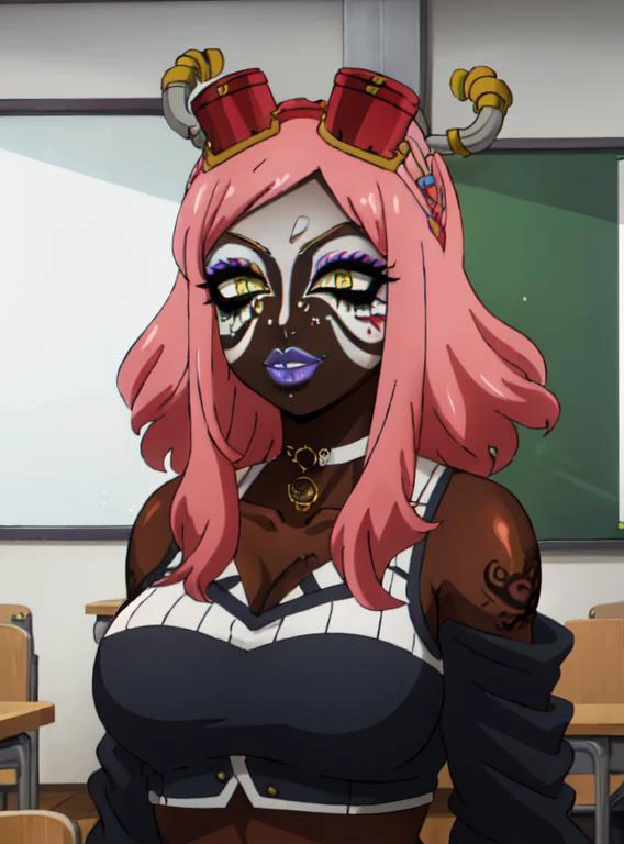 Score_9, score_8_up, score_7_up, score_6_up, source_anime, face shot, 1girl, solo, adult, classroom background, hot pink gradient hair with blue highlights, hoop earrings, dark-skinned female, tattoo, colored skin, BREAK, (yamanba, white facepaint makeup:1.3), face stickers, (pursed bright blue lips), parted lips, eyeshadow, very dark skin, makeup, leopard print, choker, off-the shoulder crop top, (metallic glitter), feather boa, fishnet shirt, jewelry, white face tattoo, <lora:breastsizeslideroffset:.4> <lora:manba_v5:.8> bimbo lips, <lora:Baaki:.6> <lora:mei hatsume s3-lora-nochekaiser:.7> mei hatsume, (yellow eyes:1.5), green hair, medium hair, (symbol-shaped pupils:1.5),