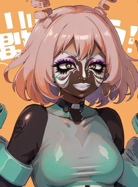 Score_9, score_8_up, score_7_up, score_6_up, source_anime, face shot, 1girl, solo, adult, classroom background, orange gradient hair with hot pink highlights, hoop earrings, dark-skinned female, tattoo, colored skin, BREAK, (yamanba, white facepaint makeup:1.3), face stickers, (pursed hot pink lips), parted lips, eyeshadow, very dark skin, makeup, jewelry, white face tattoo, <lora:Addams:.9> nejire hado, long hair, smile, bodysuit, drill hair, <lora:manba_v5:.8> bimbo lips, <lora:Baaki:.6>
