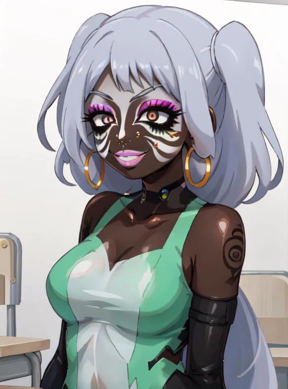 Score_9, score_8_up, score_7_up, score_6_up, source_anime, face shot, 1girl, solo, adult, classroom background, orange gradient hair with hot pink highlights, hoop earrings, dark-skinned female,  tattoo, colored skin, BREAK, (yamanba, white facepaint makeup:1.3), face stickers, (pursed hot pink lips), parted lips, eyeshadow, very dark skin, makeup,  jewelry, white face tattoo,   <lora:Addams:.9> nejire hado, long hair, smile,  bodysuit, drill hair,  <lora:manba_v5:.8>  bimbo lips,  <lora:Baaki:.6>