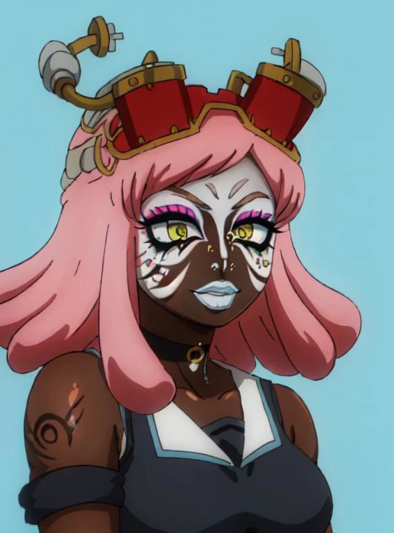 Score_9, score_8_up, score_7_up, score_6_up, source_anime, face shot, 1girl, solo, adult, classroom background, hot pink gradient hair with hot blue highlights, hoop earrings, dark-skinned female, tattoo, colored skin, BREAK, (yamanba, white facepaint makeup:1.3), face stickers, (pursed hot blue lips), parted lips, eyeshadow, very dark skin, makeup, leopard print, choker, off-the shoulder crop top, (metallic glitter), feather boa, fishnet shirt, jewelry, white face tattoo, <lora:manba_v5:.8> bimbo lips, <lora:Baaki:.6> <lora:mei hatsume s3-lora-nochekaiser:1> mei hatsume, (yellow eyes:1.5), pink hair, medium hair, (symbol-shaped pupils:1.5),