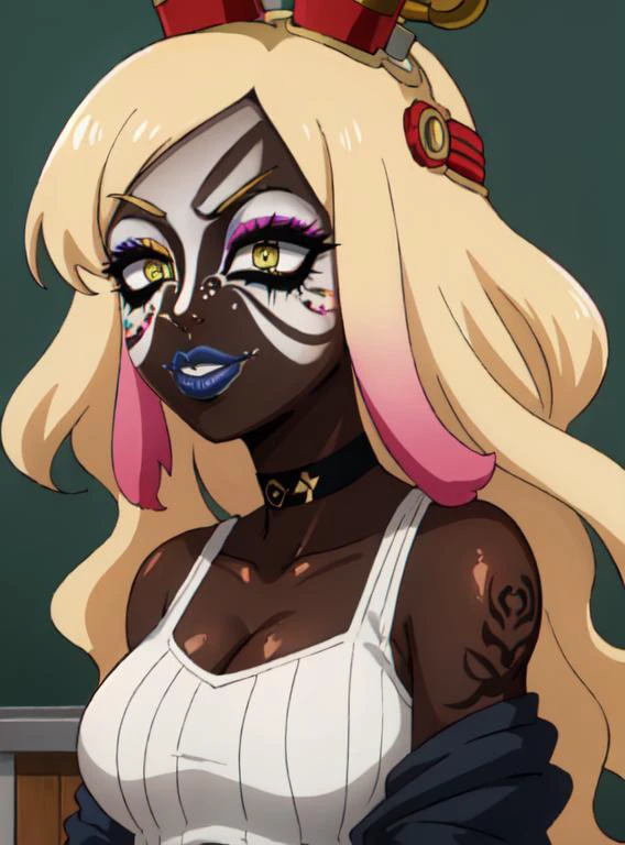 Score_9, score_8_up, score_7_up, score_6_up, source_anime, face shot, 1girl, solo, adult, classroom background, hot pink gradient hair with blue highlights, hoop earrings, dark-skinned female, tattoo, colored skin, BREAK, (yamanba, white facepaint makeup:1.3), face stickers, (pursed bright blue lips), parted lips, eyeshadow, very dark skin, makeup, leopard print, choker, off-the shoulder crop top, (metallic glitter), feather boa, fishnet shirt, jewelry, white face tattoo, <lora:breastsizeslideroffset:.4> <lora:manba_v5:.8> bimbo lips, <lora:Baaki:.6> <lora:mei hatsume s3-lora-nochekaiser:.7> mei hatsume, (yellow eyes:1.5), green hair, medium hair, (symbol-shaped pupils:1.5),