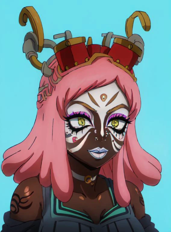 Score_9, score_8_up, score_7_up, score_6_up, source_anime, face shot, 1girl, solo, adult, classroom background, hot pink gradient hair with hot blue highlights, hoop earrings, dark-skinned female, tattoo, colored skin, BREAK, (yamanba, white facepaint makeup:1.3), face stickers, (pursed hot blue lips), parted lips, eyeshadow, very dark skin, makeup, leopard print, choker, off-the shoulder crop top, (metallic glitter), feather boa, fishnet shirt, jewelry, white face tattoo, <lora:manba_v5:.8> bimbo lips, <lora:Baaki:.6> <lora:mei hatsume s3-lora-nochekaiser:1> mei hatsume, (yellow eyes:1.5), pink hair, medium hair, (symbol-shaped pupils:1.5),