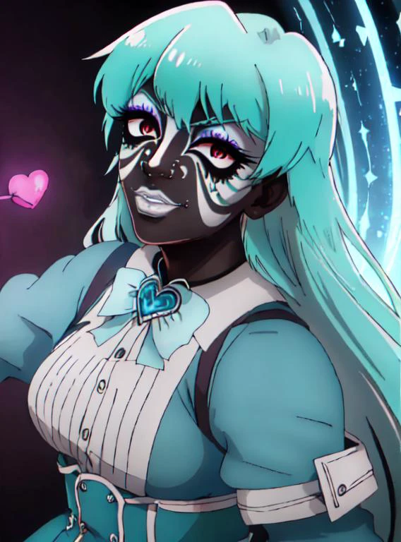 masterpiece, high res, 4k, best quality, beautiful face, detailed face, ultra-detailed, in a gothic castle, androgynous body, ager, (young face), dark-skinned female, tattoo, colored skin, BREAK, (yamanba, white facepaint makeup:1.3), face stickers, pursed red lips, parted lips, eyeshadow, very dark skin, makeup, jewelry, white face tattoo,<lora:sayo minakami-lora-nochekaiser:1> sayo minakami, long hair, red eyes, red lipstick, green lipstick, smile, NecromancyAI dress, edgQuality, <lora:hellsing:0.6>, <lora:NecromancyAI:1>, <lora:manba_v5:.8> <lora:Baaki:.6>