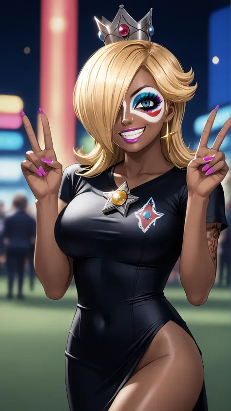 <lora:Manba_XL:0.8> Gyaru, Ganguro, Yamanba, dark skin, makeup, facepaint, fake nails, nail polish, tattoos, <lora:RealisticAnime:0.8> (ultra realistic, 32k, masterpiece:1.2), (high detailed skin:1.1), (high quality:1.1), bokeh, luminescent background, <lora:Rosalina_XLPD:0.8> IncrsRsln, hair over one eye, crown, double v, grin, score 9, score 8 up, score 7 up, score 6 up, score 5 up, score 4 up, BREAK,