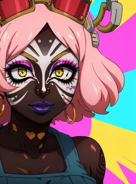 Score_9, score_8_up, score_7_up, score_6_up, source_anime, face shot, 1girl, solo, adult, classroom background, hot pink gradient hair with blue highlights, hoop earrings, dark-skinned female,  tattoo, colored skin, BREAK, (yamanba, white facepaint makeup:1.3), face stickers, (pursed bright blue lips), parted lips, eyeshadow, very dark skin, makeup,  leopard print, choker, off-the shoulder crop top, (metallic glitter), feather boa, fishnet shirt, jewelry, white face tattoo, <lora:breastsizeslideroffset:.4>  <lora:manba_v5:.8>  bimbo lips,  <lora:Baaki:.6>  <lora:mei hatsume s3-lora-nochekaiser:.7> mei hatsume, (yellow eyes:1.5), hot pink hair, medium hair, (symbol-shaped pupils:1.5),