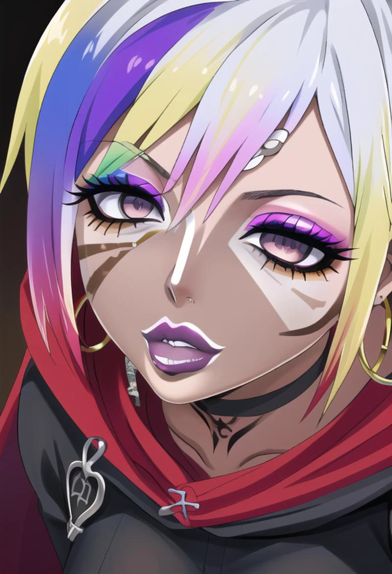 (masterpiece), (high res), 4k, ((best quality)), (absurdes), beautiful face, detailed face, ultra-detailed, (((head shot,( face focus), close up face shot)), open eyes, (looking at viewer, facing forward. front facing, facing viewer)) 1girl, solo, (black background), hoop earrings, dark-skinned female, colored skin, rose symbol tattoo, BREAK, (yamanba, white facepaint makeup:1.3) wide lips, (large lips, red lips), parted lips, eyeshadow, very dark skin, makeup, leopard print, choker, off-the shoulder crop top, jewelry, white face tattoo, large intricate hair accessories, (dark brown skin), (( <lora:ruby_rose:1> ruby_rose, silver eyes, cape, dress, red cape, pantyhose, hood, petals, corset, (rainbow hair:1.2), ((multicolored hair:1.2)), gradient blonde hair:1.2)), (<lora:ColoredLipstick:1> (lipstick, pink lipstick)), <lora:fakelips_1:1> fakelips, huge lips, lip filler, <lora:retromanba:.6> <lora:ManbaSD1_5_Baaki:.25> <lora:Kuroko:.25> <lora:leopard-clothes-v1-b3-wasabiya:1> leoprint