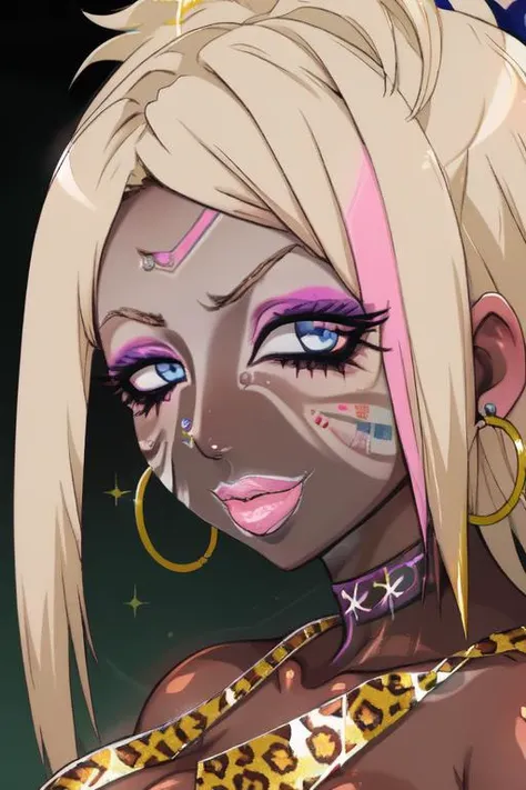 masterpiece, high res, 4k, best quality, beautiful face, detailed face, ultra-detailed, ((head shot, face focus, close up face shot) (looking at viewer, facing viewer)), 1girl, solo, long hair, black background, neon glow, emerald green gradient hair, purple highlights, hoop earrings,dark-skinned female, tattoo, colored skin, BREAK, (yamanba, white facepaint makeup:1.3), face stickers, smirk, purple lips, parted lips, eyeshadow, very dark skin, makeup, leopard print, choker, off-the shoulder crop top, (metallic glitter), feather boa, fishnet shirt, jewelry, white face tattoo, large intricate hair, brown skin, <lora:manba_v5:.6>, <lora:Kuroko (jk bitch ni shiboraretai):.6> Kuroko (Jk Bitch ni Shiboraretai), dark skin, messy ponytail, blonde hair, purple eyeshadow, blue eyes, pink lipstick, ear rings, gradient hair, rainbow highlights, <lora:ColoredLipstick:1> (lipstick, bright hot pink lipstick), <lora:Baaki:.8> <lora:pinkdrawzv2:1> <lora:fakelips_1:1> lip filler