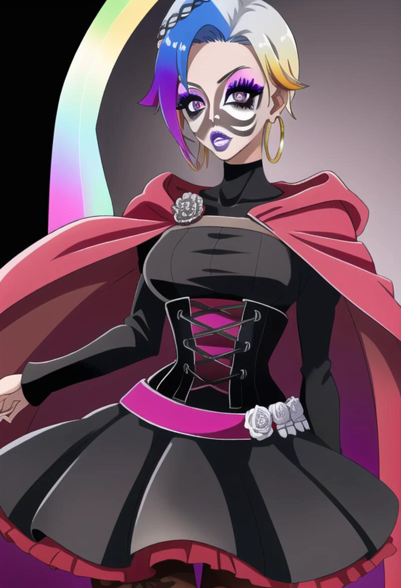 (masterpiece), (high res), 4k, ((best quality)), (absurdes), beautiful face, detailed face, ultra-detailed, ((( body shot)), open eyes, (looking at viewer, facing forward. front facing, facing viewer)) 1girl, solo, (black background), hoop earrings, dark-skinned female, colored skin, rose symbol tattoo, BREAK, (yamanba, white facepaint makeup:1.3) wide lips, (large lips, red lips), parted lips, eyeshadow, very dark skin, makeup, leopard print, choker, off-the shoulder crop top, jewelry, white face tattoo, large intricate hair accessories, (dark brown skin), (( <lora:ruby_rose:1> ruby_rose, silver eyes, cape, dress, red cape, pantyhose, hood, petals, corset, (rainbow hair:1.2), ((multicolored hair:1.2)), gradient blonde hair:1.2)), (<lora:ColoredLipstick:1> (lipstick, pink lipstick)), <lora:fakelips_1:1> fakelips, huge lips, lip filler, <lora:retromanba:.6> <lora:ManbaSD1_5_Baaki:.25> <lora:Kuroko:.25> <lora:leopard-clothes-v1-b3-wasabiya:1> leoprint