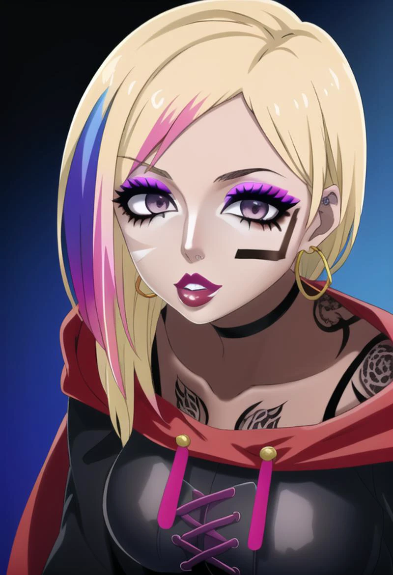 (masterpiece), (high res), 4k, ((best quality)), (absurdes), beautiful face, detailed face, ultra-detailed, ((( body shot)), open eyes, (looking at viewer, facing forward. front facing, facing viewer)) 1girl, solo, (black background), hoop earrings, dark-skinned female, colored skin, rose symbol tattoo, BREAK, (yamanba, white facepaint makeup:1.3) wide lips, (large lips, red lips), parted lips, eyeshadow, very dark skin, makeup, leopard print, choker, off-the shoulder crop top, jewelry, white face tattoo, large intricate hair accessories, (dark brown skin), ( <lora:ruby_rose:1> ruby_rose, silver eyes, cape, dress, red cape, pantyhose, hood, petals, corset, (rainbow hair:1.2), ((multicolored hair:1.2)), (gradient blonde hair:1.2), short hair), (<lora:ColoredLipstick:1> (lipstick, pink lipstick)), <lora:fakelips_1:1> fakelips, huge lips, lip filler, <lora:retromanba:.6> <lora:Kuroko:.25> <lora:leopard-clothes-v1-b3-wasabiya:1> leoprint