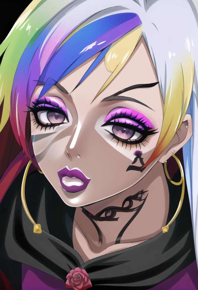 (masterpiece), (high res), 4k, ((best quality)), (absurdes), beautiful face, detailed face, ultra-detailed, (((head shot,( face focus), close up face shot)), open eyes, (looking at viewer, facing forward. front facing, facing viewer)) 1girl, solo, (black background), hoop earrings, dark-skinned female, colored skin, rose symbol tattoo, BREAK, (yamanba, white facepaint makeup:1.3) wide lips, (large lips, red lips), parted lips, eyeshadow, very dark skin, makeup, leopard print, choker, off-the shoulder crop top, jewelry, white face tattoo, large intricate hair accessories, (dark brown skin), (( <lora:ruby_rose:1> ruby_rose, silver eyes, cape, dress, red cape, pantyhose, hood, petals, corset, (rainbow hair:1.2), ((multicolored hair:1.2)), gradient blonde hair:1.2)), (<lora:ColoredLipstick:1> (lipstick, pink lipstick)), <lora:fakelips_1:1> fakelips, huge lips, lip filler, <lora:retromanba:.6> <lora:ManbaSD1_5_Baaki:.25> <lora:Kuroko:.25> <lora:leopard-clothes-v1-b3-wasabiya:1> leoprint