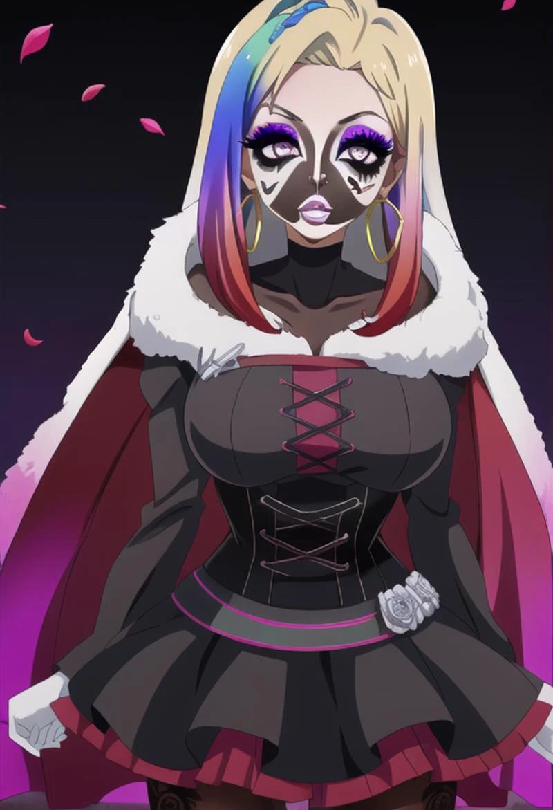(masterpiece), (high res), 4k, ((best quality)), (absurdes), beautiful face, detailed face, ultra-detailed, ((( body shot)), open eyes, (looking at viewer, facing forward. front facing, facing viewer)) 1girl, solo, (black background), hoop earrings, dark-skinned female, colored skin, rose symbol tattoo, BREAK, (yamanba, white facepaint makeup:1.3) wide lips, (large lips, red lips), parted lips, eyeshadow, very dark skin, makeup, leopard print, choker, off-the shoulder crop top, jewelry, white face tattoo, large intricate hair accessories, (dark brown skin), (( <lora:ruby_rose:1> ruby_rose, silver eyes, cape, dress, red cape, pantyhose, hood, petals, corset, (rainbow hair:1.2), ((multicolored hair:1.2)), gradient blonde hair:1.2)), (<lora:ColoredLipstick:1> (lipstick, pink lipstick)), <lora:fakelips_1:1> fakelips, huge lips, lip filler, <lora:retromanba:.6> <lora:ManbaSD1_5_Baaki:.25> <lora:Kuroko:.25> <lora:leopard-clothes-v1-b3-wasabiya:1> leoprint