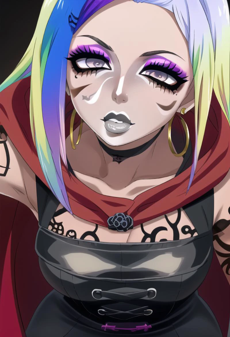 (masterpiece), (high res), 4k, ((best quality)), (absurdes), beautiful face, detailed face, ultra-detailed, (((head shot,( face focus), close up face shot)), open eyes, (looking at viewer, facing forward. front facing, facing viewer)) 1girl, solo, (black background), hoop earrings, dark-skinned female, colored skin, rose symbol tattoo, BREAK, (yamanba, white facepaint makeup:1.3) wide lips, (large lips, white lips), parted lips, eyeshadow, very dark skin, makeup, leopard print, choker, off-the shoulder crop top, jewelry, white face tattoo, large intricate hair accessories, (dark brown skin), (( <lora:ruby_rose:1> ruby_rose, silver eyes, cape, dress, red cape, pantyhose, hood, petals, corset, (rainbow hair:1.2), ((multicolored hair:1.2)), gradient blonde hair:1.2)), (<lora:ColoredLipstick:1> (lipstick, white lipstick)), <lora:fakelips_1:1> fakelips, huge lips, lip filler, <lora:retromanba:.6> <lora:ManbaSD1_5_Baaki:.25> <lora:Kuroko:.25> <lora:leopard-clothes-v1-b3-wasabiya:1> leoprint