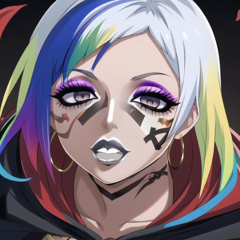 (masterpiece), (high res), 4k, ((best quality)), (absurdes), beautiful face, detailed face, ultra-detailed, (((head shot,( face focus), ((close up face shot)))), open eyes, (looking at viewer, facing forward. front facing, facing viewer)) 1girl, solo, (black background), hoop earrings, dark-skinned female, (colored skin:1.3),queen of spades symbol tattoo, BREAK, ((yamanba1.5), white facepaint makeup:1.3) wide lips, (large lips, white lips), parted lips, eyeshadow, very dark skin, makeup, leopard print, choker, off-the shoulder crop top, jewelry, white face tattoo, large intricate hair accessories, (dark brown skin), (( <lora:ruby_rose:1> ruby_rose, silver eyes, cape, dress, red cape, pantyhose, hood, petals, corset, (rainbow hair:1.2), ((multicolored hair:1.2)), gradient blonde hair:1.2)), (<lora:ColoredLipstick:1> (lipstick, white lipstick)), <lora:fakelips_1:1> fakelips, huge lips, lip filler, <lora:retromanba:.6> <lora:ManbaSD1_5_Baaki:.25> <lora:Kuroko:.25> <lora:leopard-clothes-v1-b3-wasabiya:1> leoprint