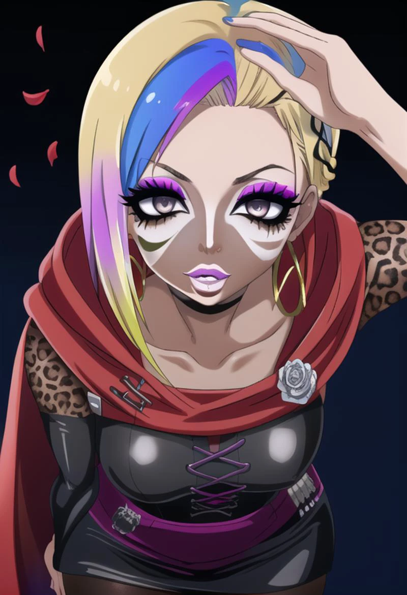 (masterpiece), (high res), 4k, ((best quality)), (absurdes), beautiful face, detailed face, ultra-detailed, (((head shot, face focus, body shot)), open eyes, (looking at viewer, facing forward. front facing, facing viewer)) 1girl, solo, (black background), hoop earrings, dark-skinned female, colored skin, rose symbol tattoo, BREAK, (yamanba, white facepaint makeup:1.3) wide lips, (large lips, red lips), parted lips, eyeshadow, very dark skin, makeup, leopard print, choker, off-the shoulder crop top, jewelry, white face tattoo, large intricate hair accessories, (dark brown skin), (( <lora:ruby_rose:1> ruby_rose, silver eyes, cape, dress, red cape, pantyhose, hood, petals, corset, (rainbow hair:1.2), ((multicolored hair:1.2)), gradient blonde hair:1.2)), (<lora:ColoredLipstick:1> (lipstick, pink lipstick)), <lora:fakelips_1:1> fakelips, huge lips, lip filler, <lora:retromanba:.6> <lora:ManbaSD1_5_Baaki:.25> <lora:Kuroko:.25> <lora:leopard-clothes-v1-b3-wasabiya:1> leoprint