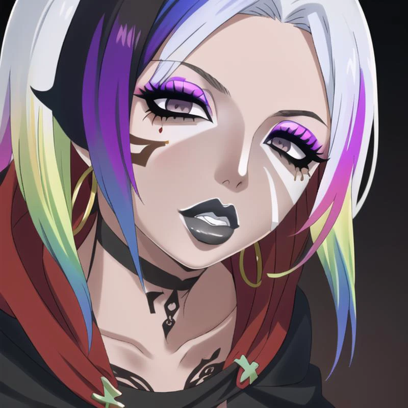 (masterpiece), (high res), 4k, ((best quality)), (absurdes), beautiful face, detailed face, ultra-detailed, (((head shot,( face focus), ((close up face shot)))), open eyes, (looking at viewer, facing forward. front facing, facing viewer)) 1girl, solo, (black background), hoop earrings, dark-skinned female, (colored skin:1.3),queen of spades symbol tattoo, BREAK, ((yamanba1.5), white facepaint makeup:1.3) wide lips, (large lips, white lips), parted lips, eyeshadow, very dark skin, makeup, leopard print, choker, off-the shoulder crop top, jewelry, white face tattoo, large intricate hair accessories, (dark brown skin), (( <lora:ruby_rose:1> ruby_rose, silver eyes, cape, dress, red cape, pantyhose, hood, petals, corset, (rainbow hair:1.2), ((multicolored hair:1.2)), gradient blonde hair:1.2)), (<lora:ColoredLipstick:1> (lipstick, white lipstick)), <lora:fakelips_1:1> fakelips, huge lips, lip filler, <lora:retromanba:.6> <lora:ManbaSD1_5_Baaki:.25> <lora:Kuroko:.25> <lora:leopard-clothes-v1-b3-wasabiya:1> leoprint