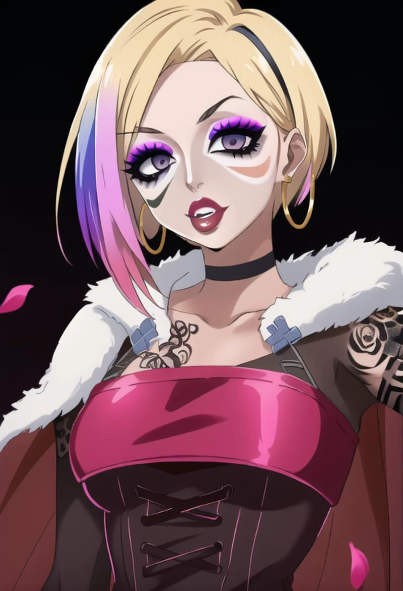 (masterpiece), (high res), 4k, ((best quality)), (absurdes), beautiful face, detailed face, ultra-detailed, ((( body shot)), open eyes, (looking at viewer, facing forward. front facing, facing viewer)) 1girl, solo, (black background), hoop earrings, dark-skinned female, colored skin, rose symbol tattoo, BREAK, (yamanba, white facepaint makeup:1.3) wide lips, (large lips, red lips), parted lips, eyeshadow, very dark skin, makeup, leopard print, choker, off-the shoulder crop top, jewelry, white face tattoo, large intricate hair accessories, (dark brown skin), ( <lora:ruby_rose:1> ruby_rose, silver eyes, cape, dress, red cape, pantyhose, hood, petals, corset, (rainbow hair:1.2), ((multicolored hair:1.2)), (gradient blonde hair:1.2), short hair), (<lora:ColoredLipstick:1> (lipstick, pink lipstick)), <lora:fakelips_1:1> fakelips, huge lips, lip filler, <lora:retromanba:.6> <lora:Kuroko:.25> <lora:leopard-clothes-v1-b3-wasabiya:1> leoprint