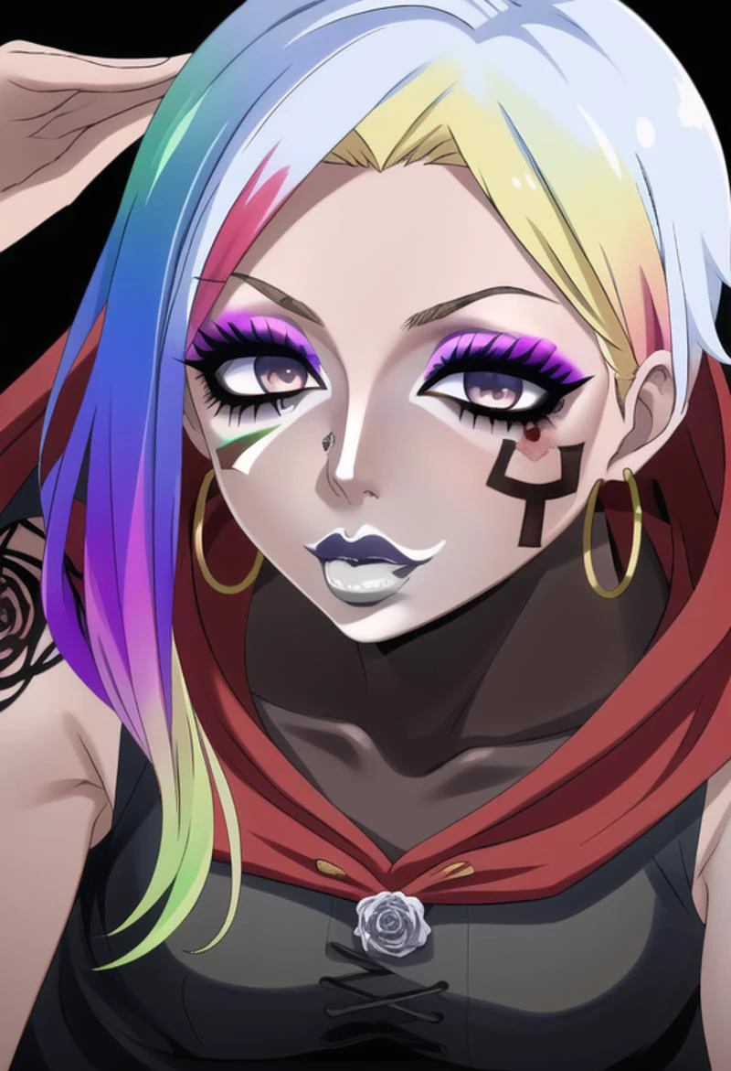 (masterpiece), (high res), 4k, ((best quality)), (absurdes), beautiful face, detailed face, ultra-detailed, (((head shot,( face focus), close up face shot)), open eyes, (looking at viewer, facing forward. front facing, facing viewer)) 1girl, solo, (black background), hoop earrings, dark-skinned female, colored skin, rose symbol tattoo, BREAK, (yamanba, white facepaint makeup:1.3) wide lips, (large lips, white lips), parted lips, eyeshadow, very dark skin, makeup, leopard print, choker, off-the shoulder crop top, jewelry, white face tattoo, large intricate hair accessories, (dark brown skin), (( <lora:ruby_rose:1> ruby_rose, silver eyes, cape, dress, red cape, pantyhose, hood, petals, corset, (rainbow hair:1.2), ((multicolored hair:1.2)), gradient blonde hair:1.2)), (<lora:ColoredLipstick:1> (lipstick, white lipstick)), <lora:fakelips_1:1> fakelips, huge lips, lip filler, <lora:retromanba:.6> <lora:ManbaSD1_5_Baaki:.25> <lora:Kuroko:.25> <lora:leopard-clothes-v1-b3-wasabiya:1> leoprint