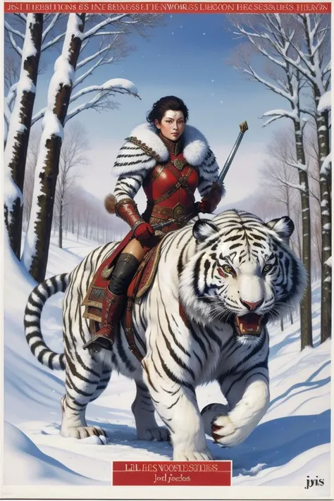 <lora:Fighting_Fantasy_Gamebook:1>, (oil painting), cover_book, in snow forest, 1 woman warrior, fur armor, weapon, on 1 white tiger, red eyes, text, title, best quality