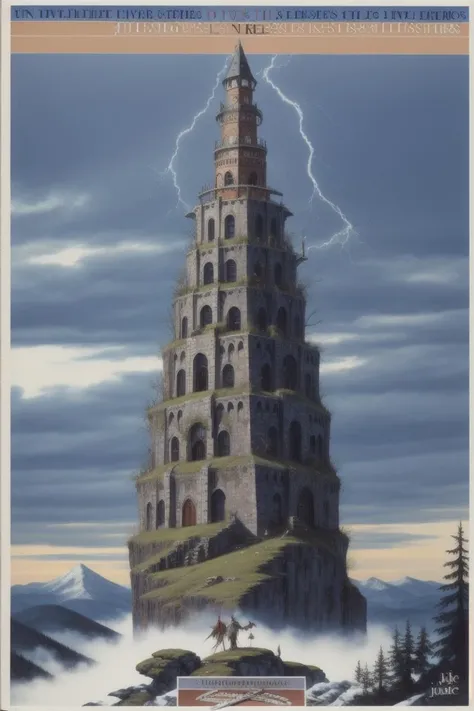 <lora:Fighting_Fantasy_Gamebook:1>, cover_book, wizard tower, on hilltop, thunder, text, title, best quality