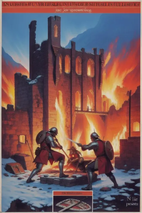 <lora:Fighting_Fantasy_Gamebook:1>, cover_book, ruined castle, fire, medieval soldier fighting, text, title, best quality