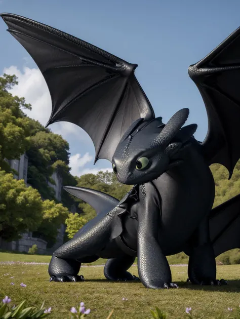 masterpiece, best quality, 8K, sharp focus, Toothless, dragon, sitting in the grass with wings folded back, <lora:HTTYDRS:1>