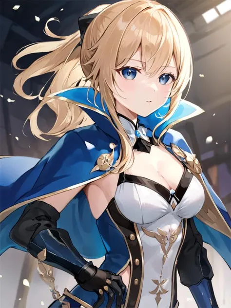 ultra-detailed,(best quality),((masterpiece)),(highres),original,extremely,<lora:Jeanx_xl:1>,(\qin\),girl,long hair,blue capelet,black gloves,bikini,